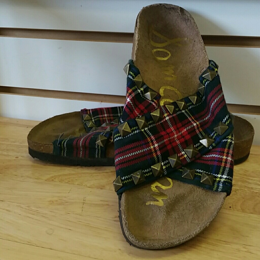 Sam Edelman sandals plaid with studs spikes sz 6 cork sole